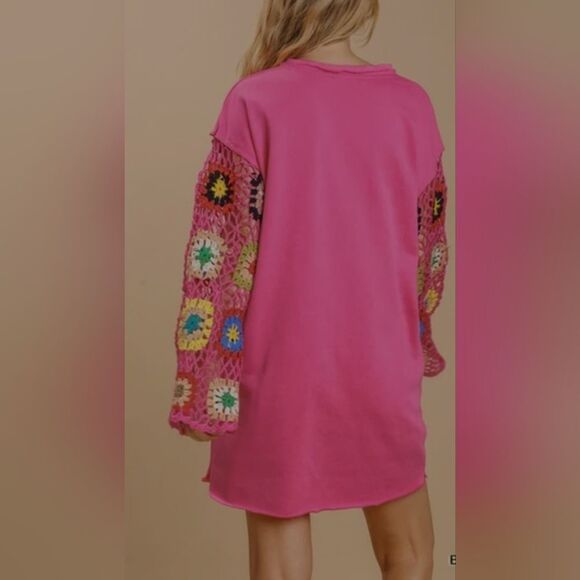 NWT Umgee French Terry Round Neck Color Crochet Long Sleeve Dress size L - Picture 4 of 5